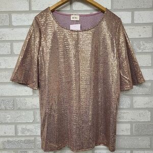 Bib! Tinsley Rose Gold Sequin Short Sleeve Top Size Large